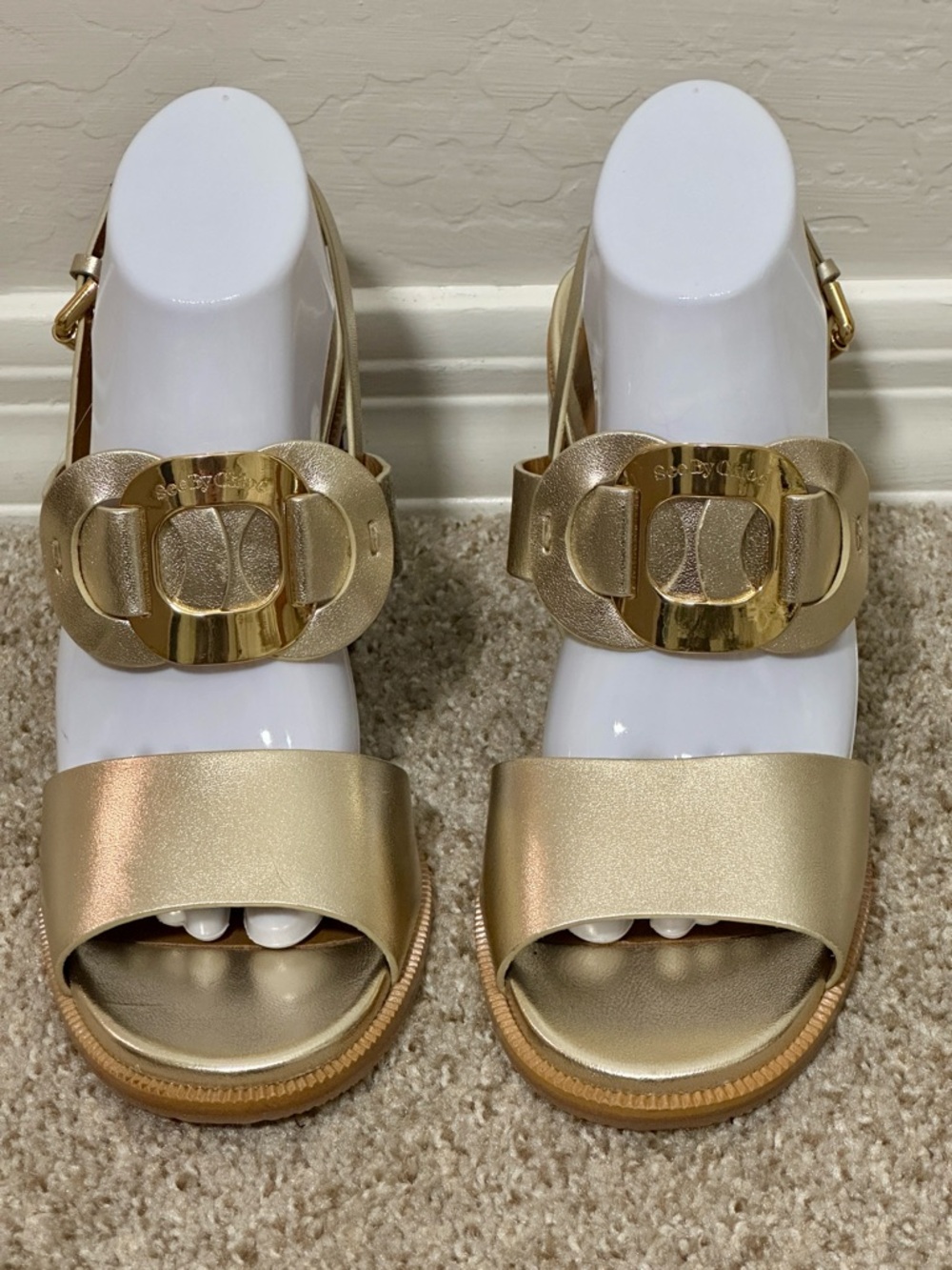 See by Chloé Chany Metallic Gold Leather Block Heel Sandals NEW | Size EU 42